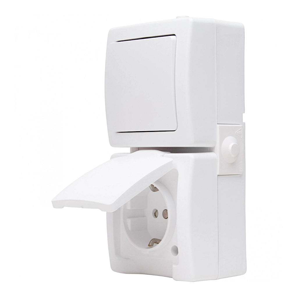 Kopp Nautic arktisweiß Aus-Wechselschalter + Steckdose senkrecht (138502009) Ansicht schräg von der Seite, Klappdeckel der Steckdose geöffnet
