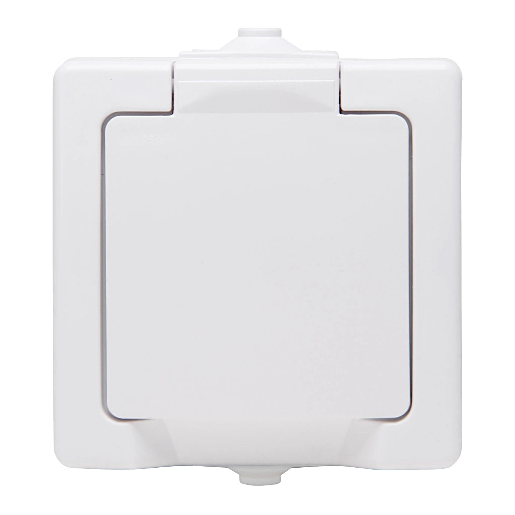 Kopp Nautic arktisweiß Steckdose mit Berührungsschutz (107802006) Ansicht von vorn mit geschlossenem Klappdeckel