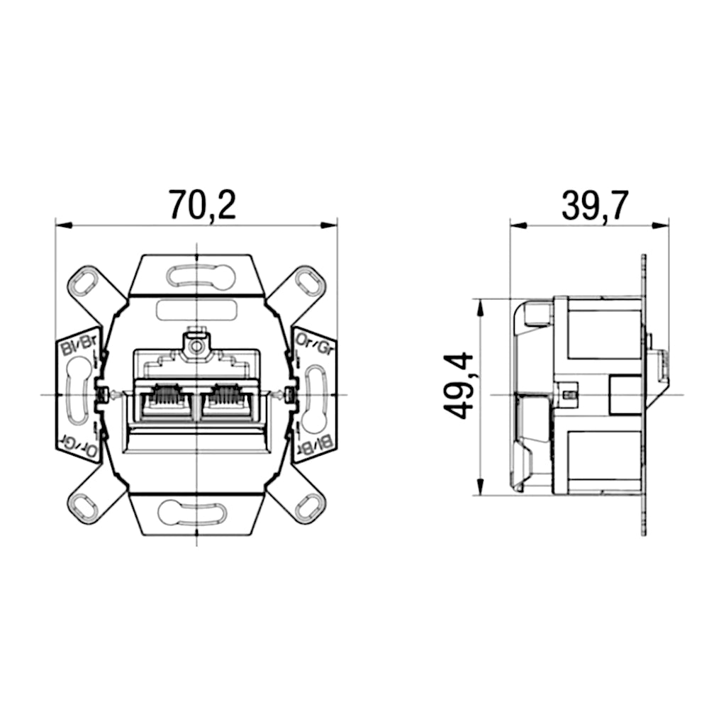 Kopp Netzwerkanschlussdose Cat.6a (920100183) technische Zeichnung mit Abmessungen mit Tragring