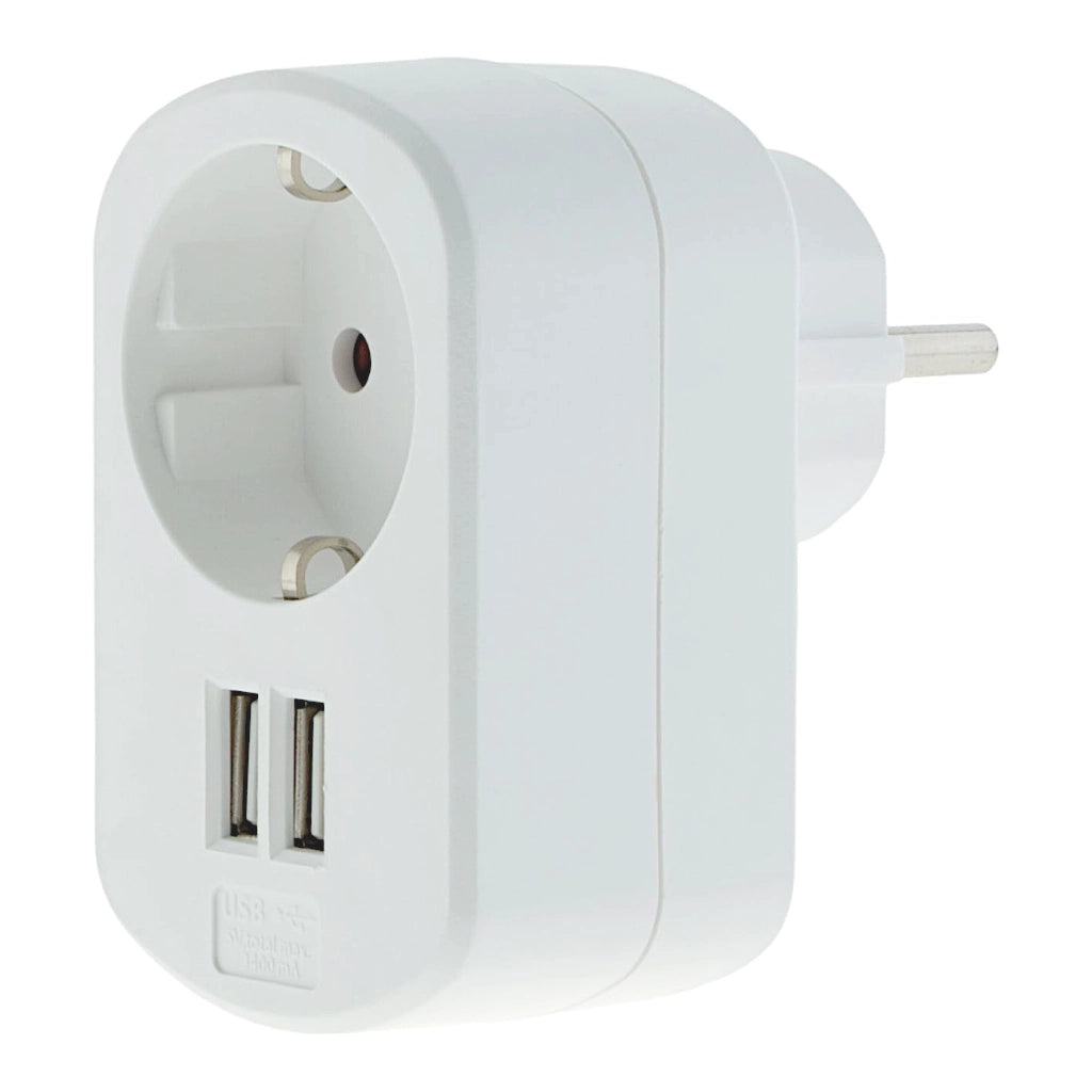 Kopp Steckdosenadapter mit 2x USB 3400mA weiß (473104018) Voderansicht schräg von rechts