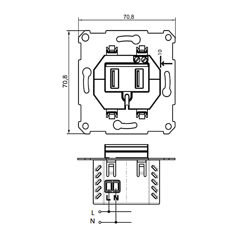 Kopp USB Ladesteckdose 1400 mA (296101185) technische Zeichnung mit Abmessungen