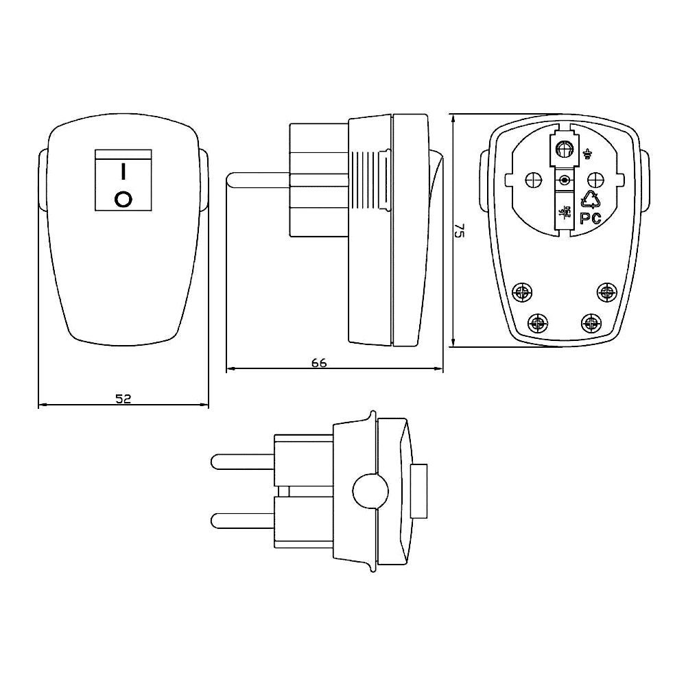 Kopp Winkelstecker mit Schalter schwarz technische Zeichnung mit Abmessungen