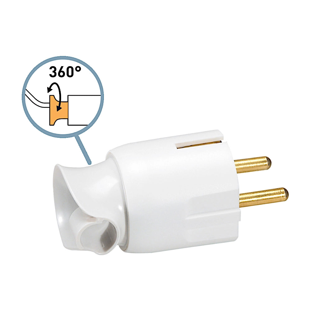Legrand Stecker 360° drehbar weiß Seitenansicht mit Hinweis welcher Teil des Steckers drehbar ist