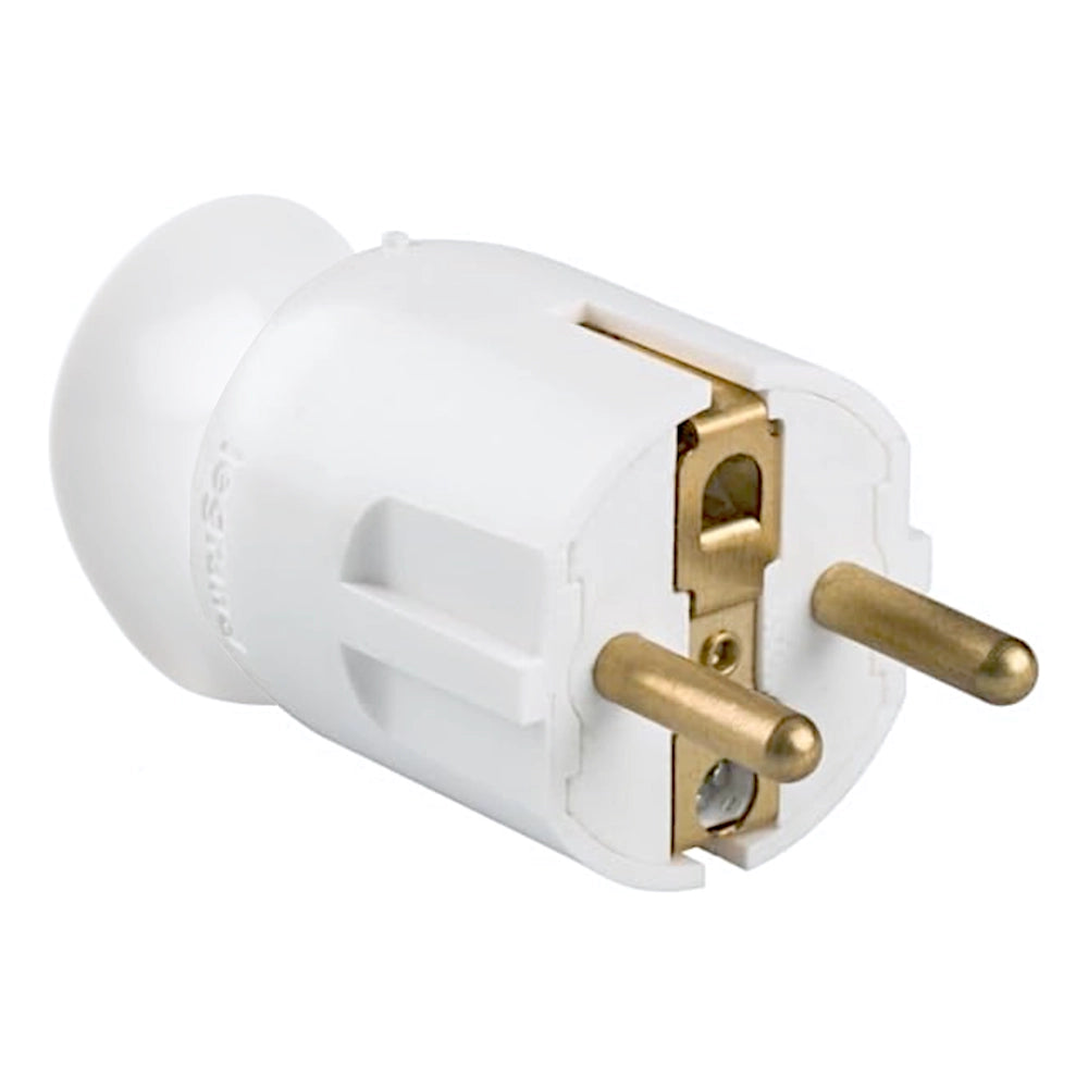 Legrand Stecker 360° drehbar weiß Ansicht schräg von vorn rechts