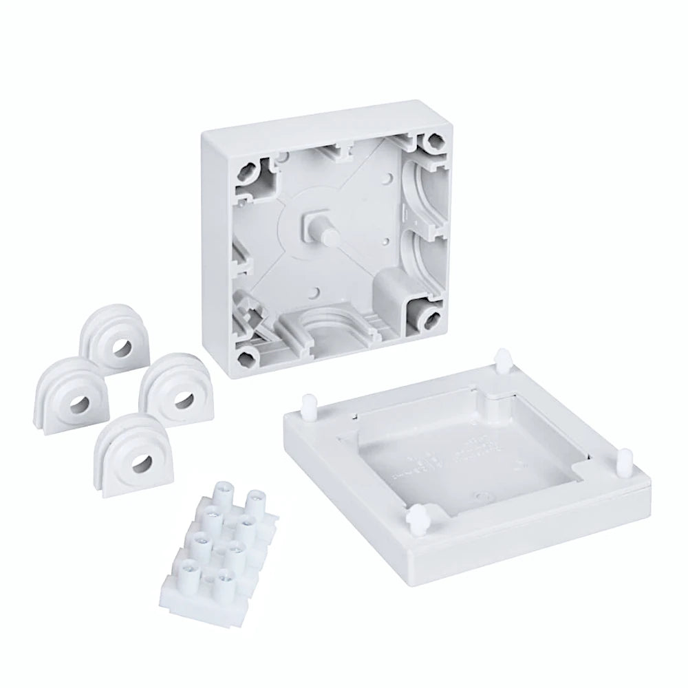 Meister Abzweigkasten 90x90x42mm IP54 grau Ansicht mit geöffnetem Deckel und allem Zubehör