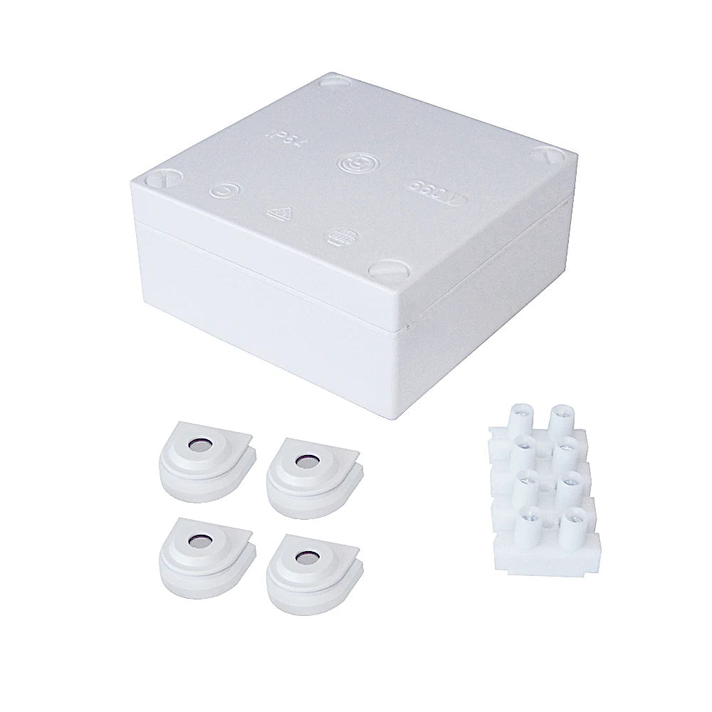 Meister Abzweigkasten 90x90x42mm IP54 grau Ansicht mit geschlossenem Deckel und davorliegend  das Zubehör