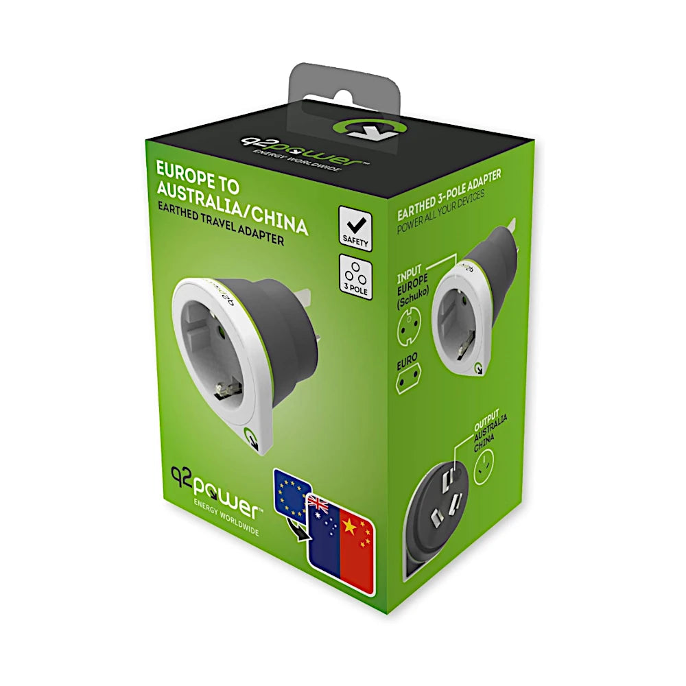 q2 Power Reiseadapter Europa nach Australien + China Verpackung