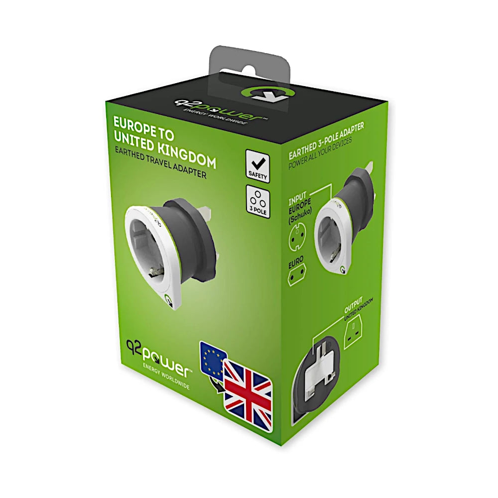 q2 Power Reiseadapter Europa nach UK Verpackung