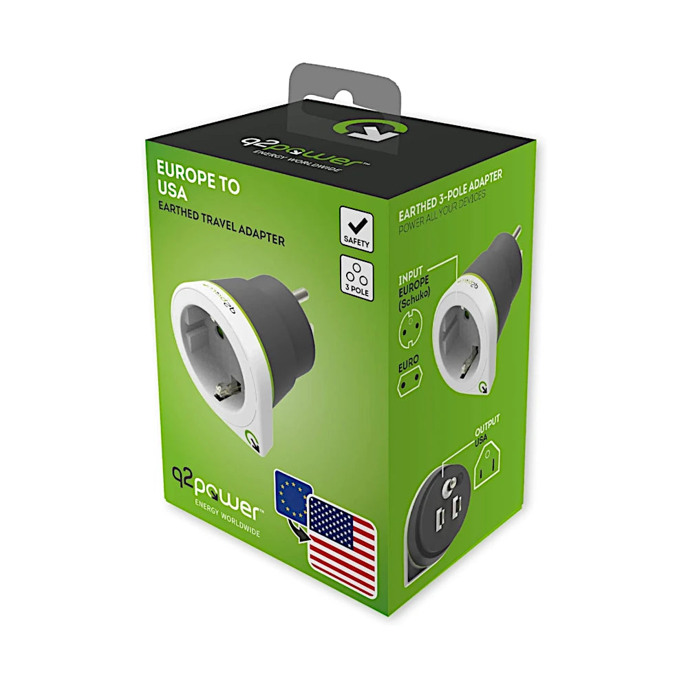 q2 Power Reiseadapter Europa nach USA Verpackung
