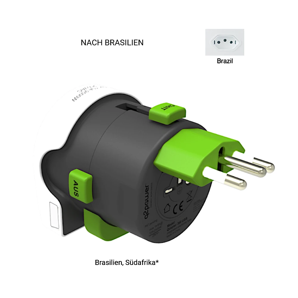 q2 Power Reiseadapter Ansicht schräg von hinten mit ausgeschobenen Stecker für Brasilien