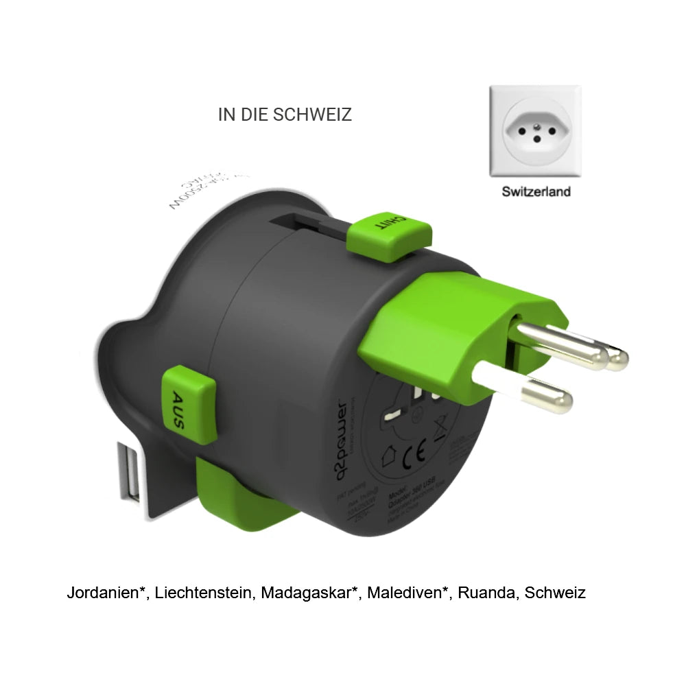 q2 Power Reiseadapter Ansicht schräg von hinten mit ausgeschobenen Stecker für Schweiz