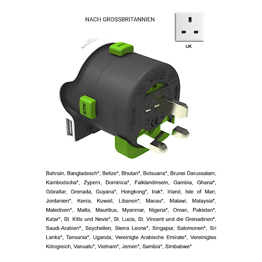 q2 Power Reiseadapter Ansicht schräg von hinten mit ausgeschobenen Stecker für UK