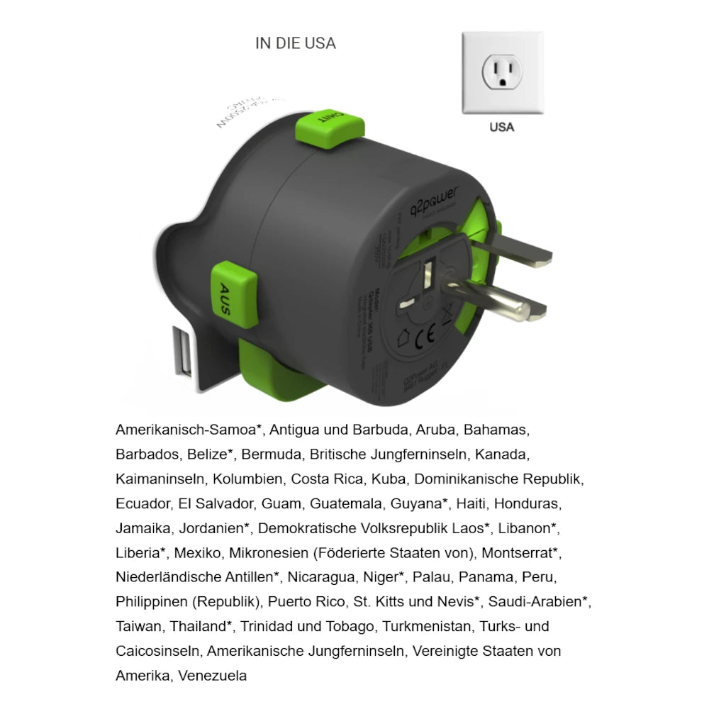 q2 Power Reiseadapter Ansicht schräg von hinten mit ausgeschobenen Stecker für USA