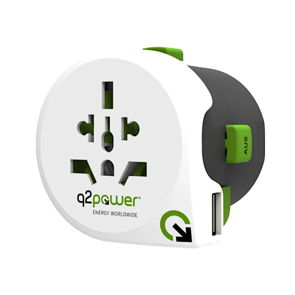 q2 Power Reiseadapter mit USB Ansicht schräg von vorn